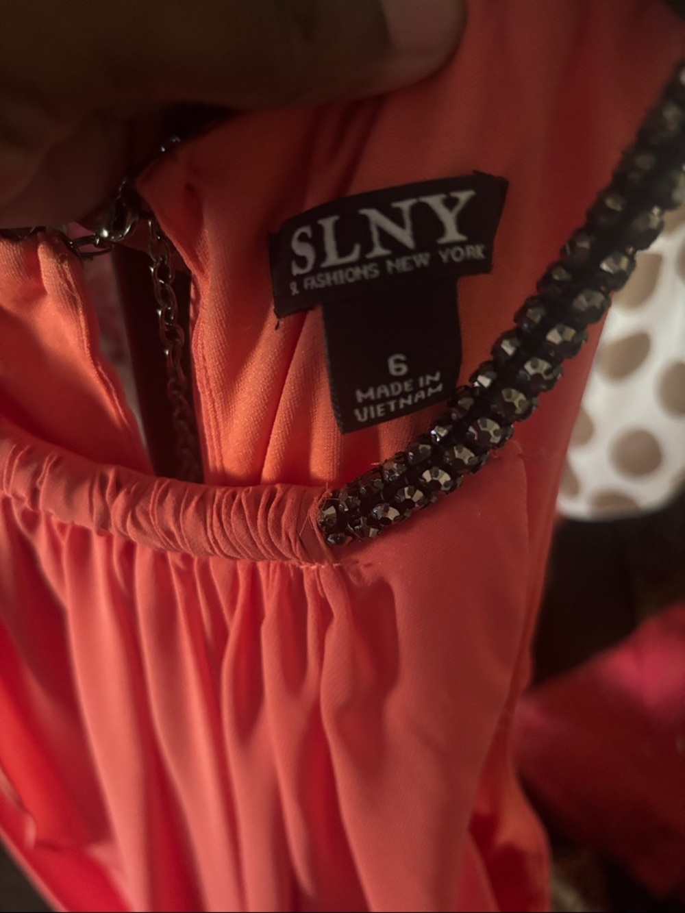 SLNY Coral Halter Mini Dress with Jeweled Neckline - Picture 2 of 4
